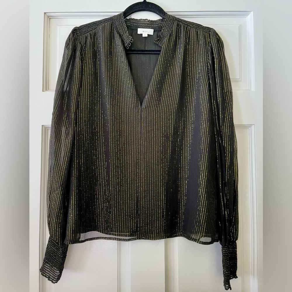 ALC Silvie Black Gold Metallic Striped Silk Chiffon High Neck Blouse size 6